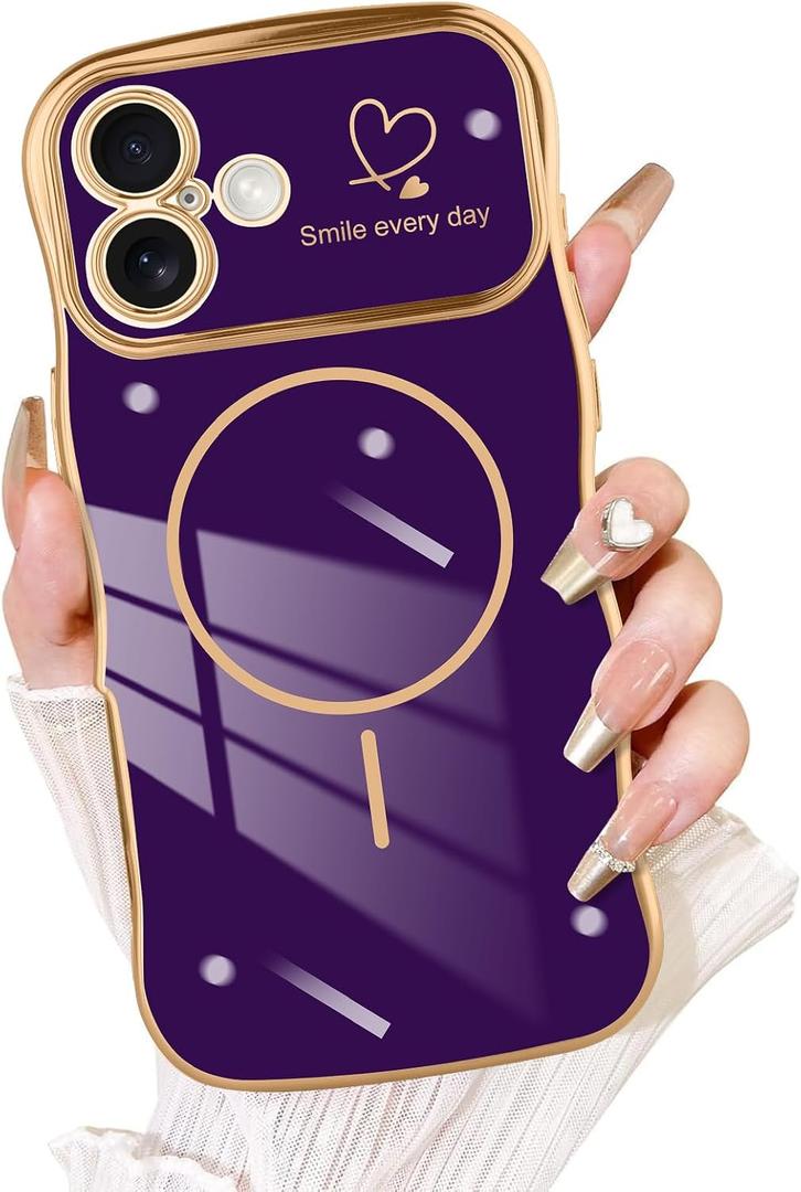 Fiyart Designed for iPhone 16 Case, Cute Wave Frame Curly Shape Love Hearts Plating for Women Girls Camera Protection Compatible with MagSafe Magnetic Shockproof Bumper 6.1"-Purple