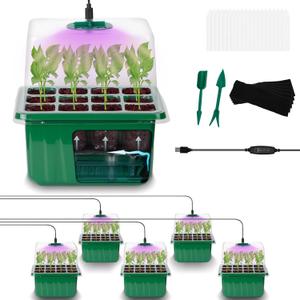 Self-Watering Seed Starter Tray - Kit with Grow Light and Humidity Dome, 6-Pack 72-Cell Plant Seedling Tray,Reusable Plastic Germination Trays for Indoor Gardening Seeds Growing Starting (Green)