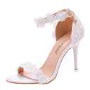 Crystal Queen Women White lace Ankle Strap High Heel Sandals Stiletto Heels Peep Toe Sandals Pump Shoes for Bride Wedding Party Evening PLX09WL-35