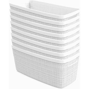 Curver Jute Decorative Plastic Organization and Storage Basket Perfect Bins for Home Office, Closet Shelves, Kitchen Pantry and All Bedroom Essentials, Slim, White, Set of 8 (Slim, White)
