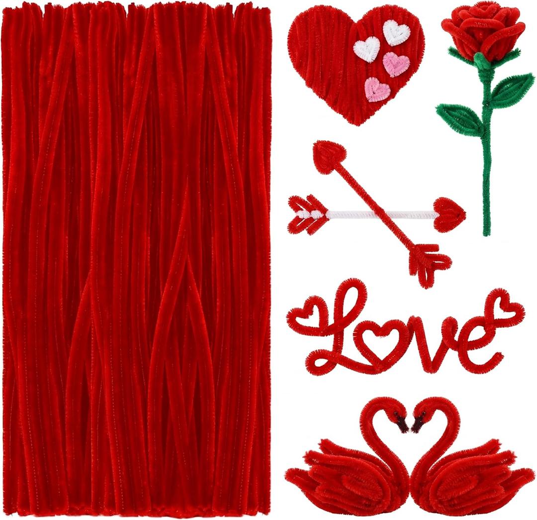 RoundFunny 100 Pcs 24" Red Extra Long Pipe Cleaners Bulk Long Chenille Stem 6 mm Thick Pipe Cleaners Craft Supplies Fuzzy Sticks for Hair DIY Arts Crafts Project