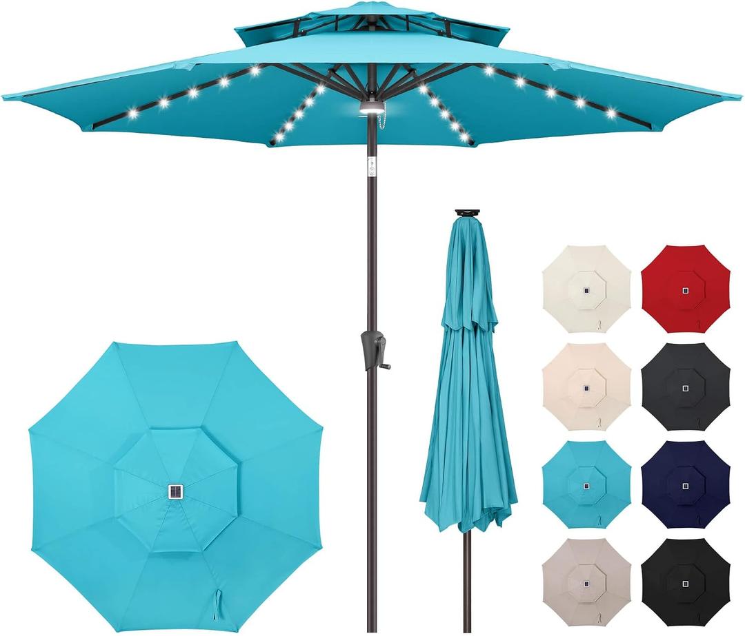 9FT Solar Umbrella Outdoor - 2 Tiers Lighted Solar Patio Umbrella with 40 LED Lights Waterprool UV Protection, Table Umbrella with Tilt for Pool, Porch, Garden, Backyard (Aqua Blue)