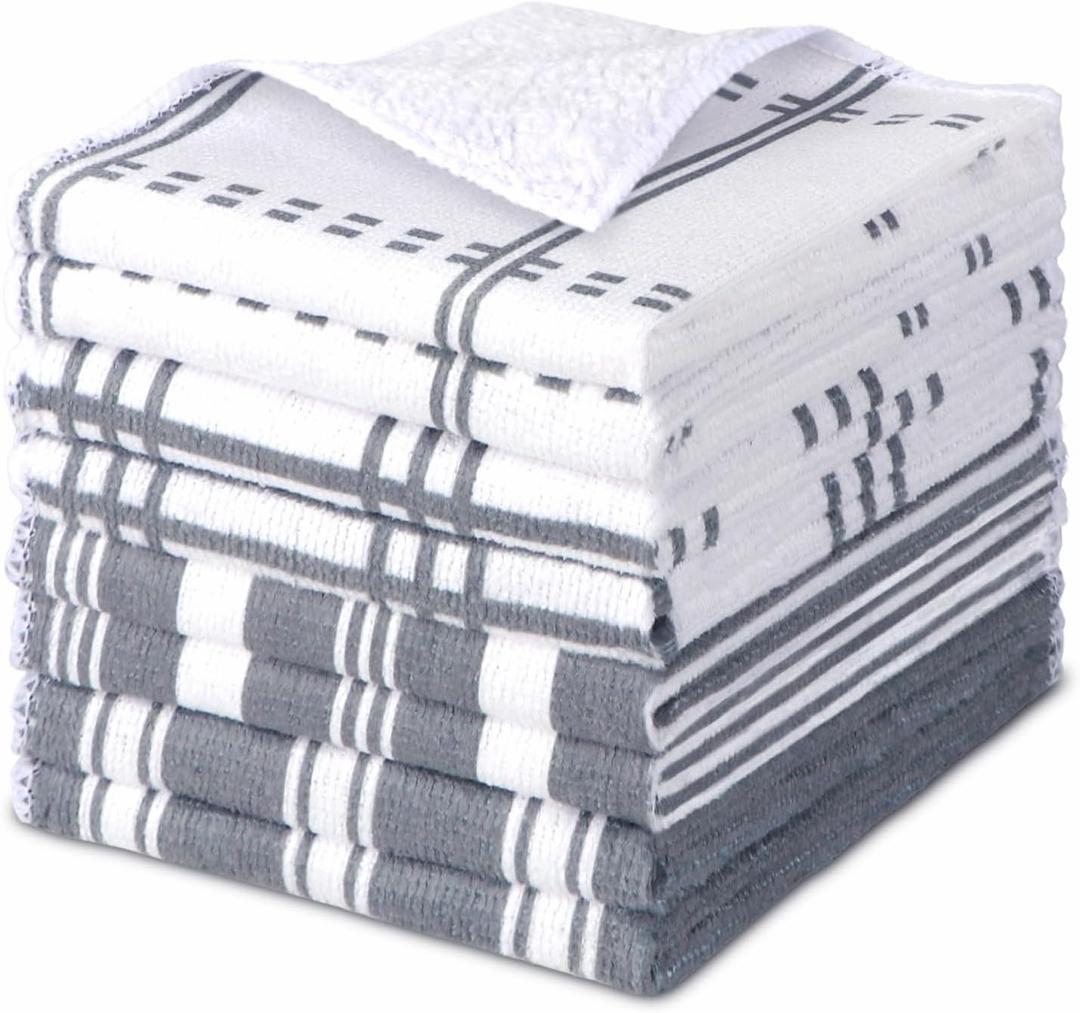 AIDEA Kitchen Towels, Absorbent Dish Towels for Kitchen, Soft Dish Cloth for Home, Multi-Purpose DishCloths for Household Cleaning and Drying, 11 x 11, 8 Pack (White/Grey)
