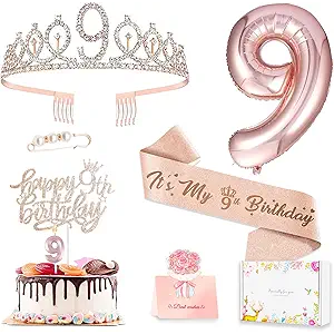 9th Birthday Decorations for Girls, Including 9 year old Birthday Cake Topper, Queen Sash with Pearl Pin, Sweet Rhinestone Tiara Crown, Number Candles and Balloons Set, Rose Gold