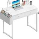 Lufeiya Small White Computer Desk with Drawers for Home Office Bedroom, 40 Inch Vanity Desk with Fabric Drawer Storage and Side Pouch, Study Writing Table, White, 39.4"