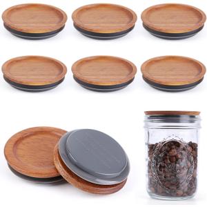 6Pack Wide Mouth Mason Jar Lids Acacia Wooden Storage Canning Jar Lids Ball Jars Bamboo Wooden Lids with Airtight Silicone Seal, Brown
