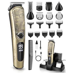 Ufree Gifts for Men, Beard Trimmer with Charging Stand, IPX7 Waterproof Electric Razor Shavers for Men, Clippers for Hair Cutting, Mens Grooming Kit for Mustache Nose Facial Body (Gold)