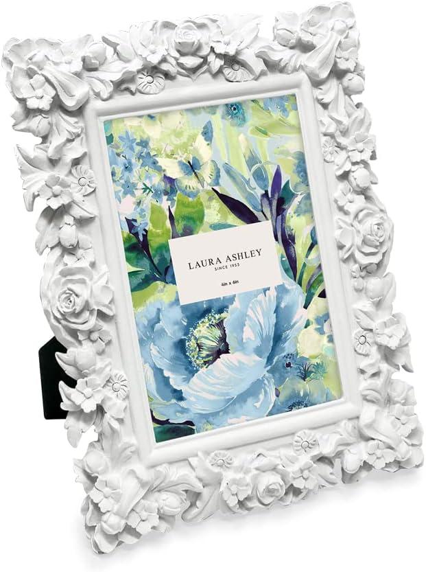Laura Ashley 5x7 White Floral Textured Hand-Crafted Resin Picture Frame with Easel, for Tabletop & Wall Display, Decorative Floral Design Home D cor, Photo Gallery, Art & More (5x7, White) (4x6)