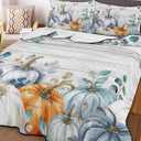 Autumn Thanksgiving Pumpkin Blue Leaf King Quilt Bedding Set,Summer Quilt Lightweight Quilted Coverlet with 2 Pillow Shams, Fall Harvest on Wooden Grain 3-Piece Bedspread Quilt Set for All Season (96x106in, Blue and Burnt Orange)