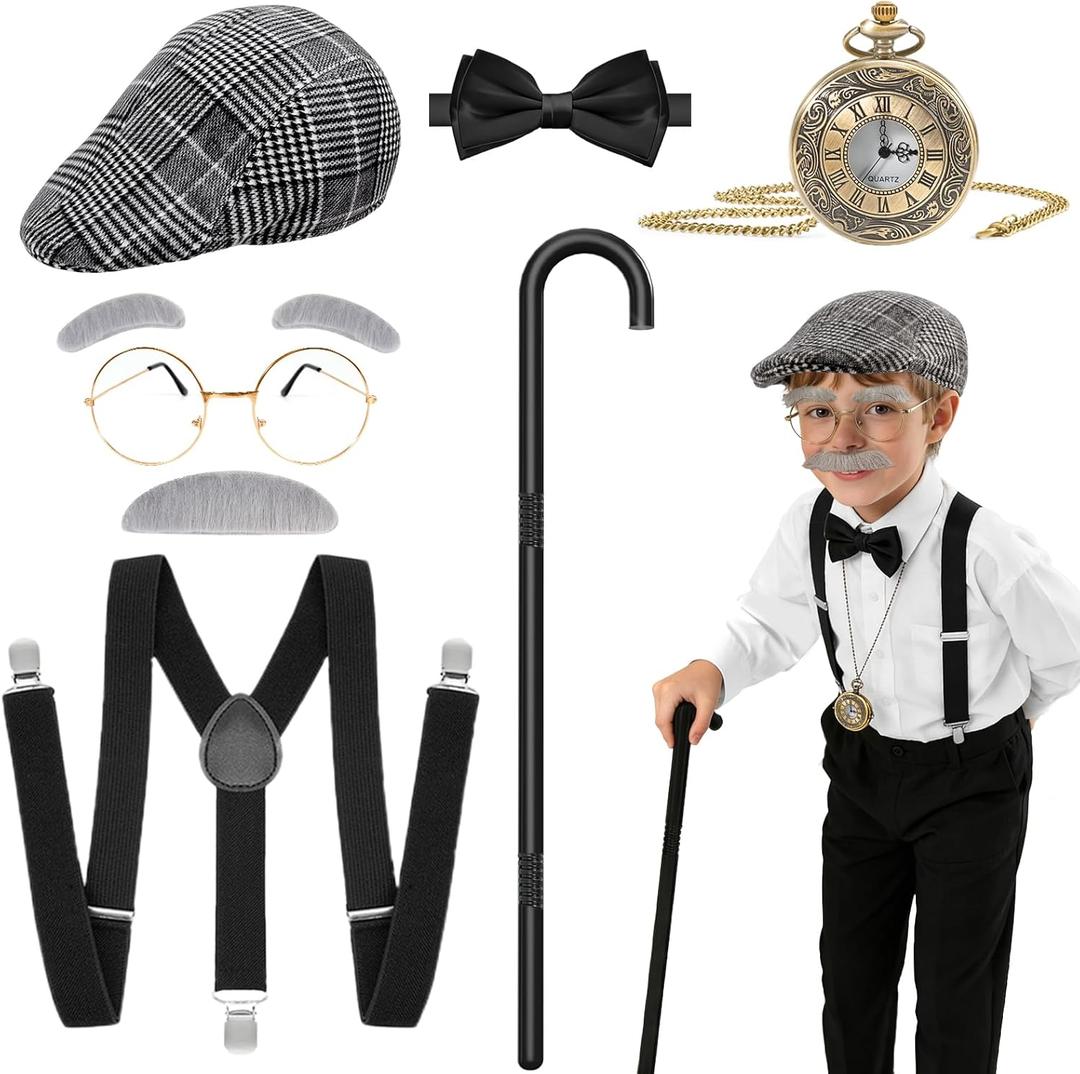 Lenski 100 Days of School Costume, Old Man Costume for Kids with Cane, Suspenders, Hat, Glasses, Tie & Pocket Watch (Gray)