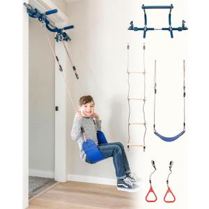 Gym1 Indoor Doorway Gym Set - Sensory Swing & Grip Rings - Adjustable Door Frame Pull-Up Bar for Kids & Adults - Door Frame Jungle Gym with Agility Ladder - 4-Piece, Blue