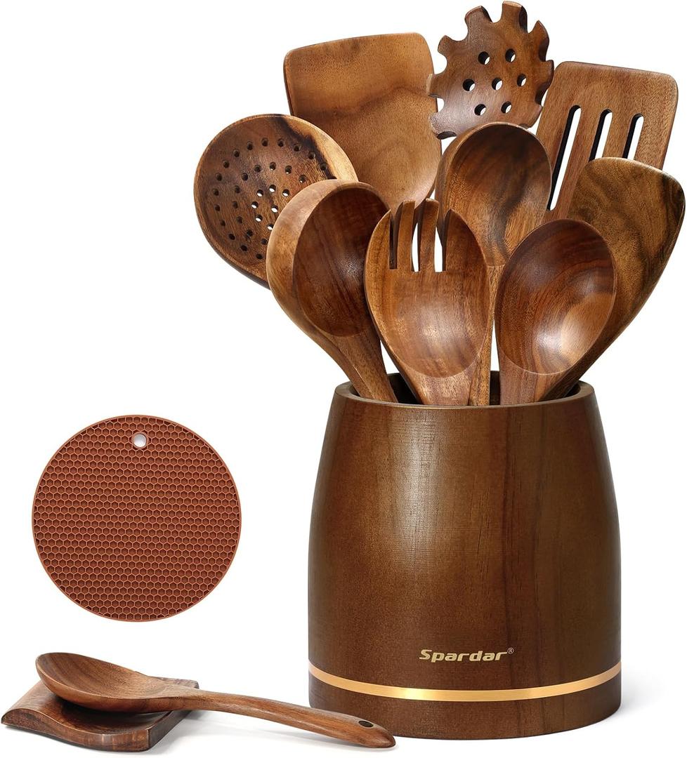 Spardar Wooden Spoons for Cooking, 12 Pcs Teak Wooden Utensil Set with 9 Pcs Spoons, Spoon Rest, 4.2" Utensil Holder, and Potholder for Kitchen Decor & Housewarming Gift Spardar Wooden Spoons for Cooking, 12 Pcs Teak Wooden Utensil Set with 9 Pcs Spoons, Spoon Rest, 4.2" Utensil Holder, and Potholder for Kitchen Decor & Housewarming Gift