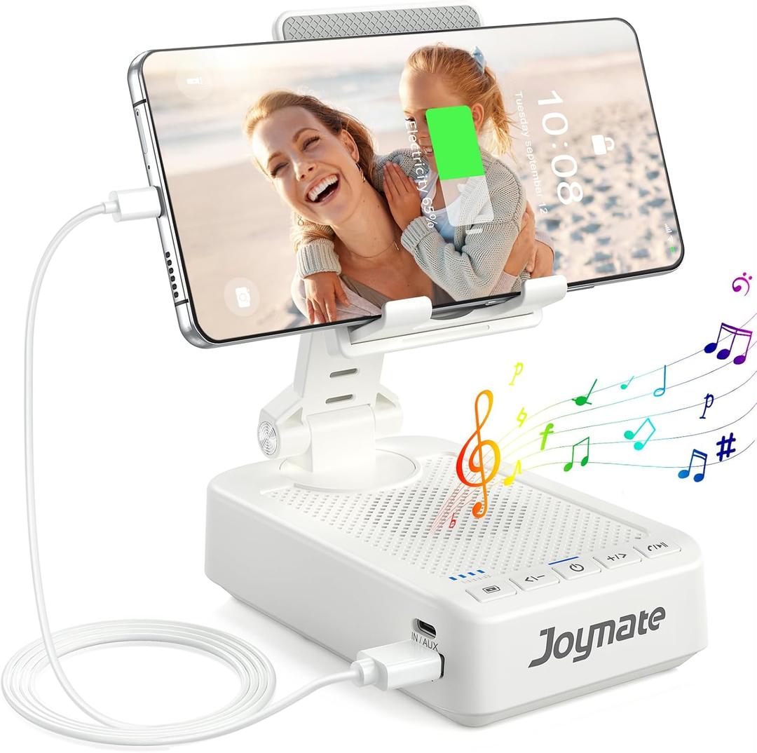 Gifts for Men Women, Joymate Bluetooth Speaker Phone Stand with Charging Function 360 Rotable Adjustable Cell Phone Holder HD Surround Sound for Desk Fits All Phones,Tablet (White)