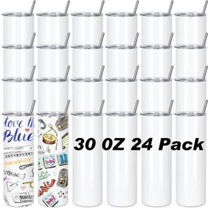 30 Oz Sublimation Tumblers Bulk (Pack of 24) - Stainless Steel Double Wall Vacuum Insulated Cups With Straw, Individually Boxed