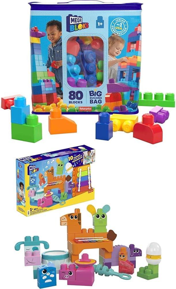 Bundle of MEGA BLOKS Fisher-Price Toddler Block Toys, Big Building Bag with 80 Pieces and Storage Bag, Blue + Sensory Building Toys Playset, Musical Farm Band with 45 Toddler Blocks and 6 Music Sheets