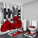 Yddsky Red Rose Valentines 4 Pcs Shower Curtain Sets Non-Slip Rugs Bath Mat Toilet Cover U Shaped Mat Romantic Red Bathroom Decor with 12 Hooks Valentines Day Bathroom Set