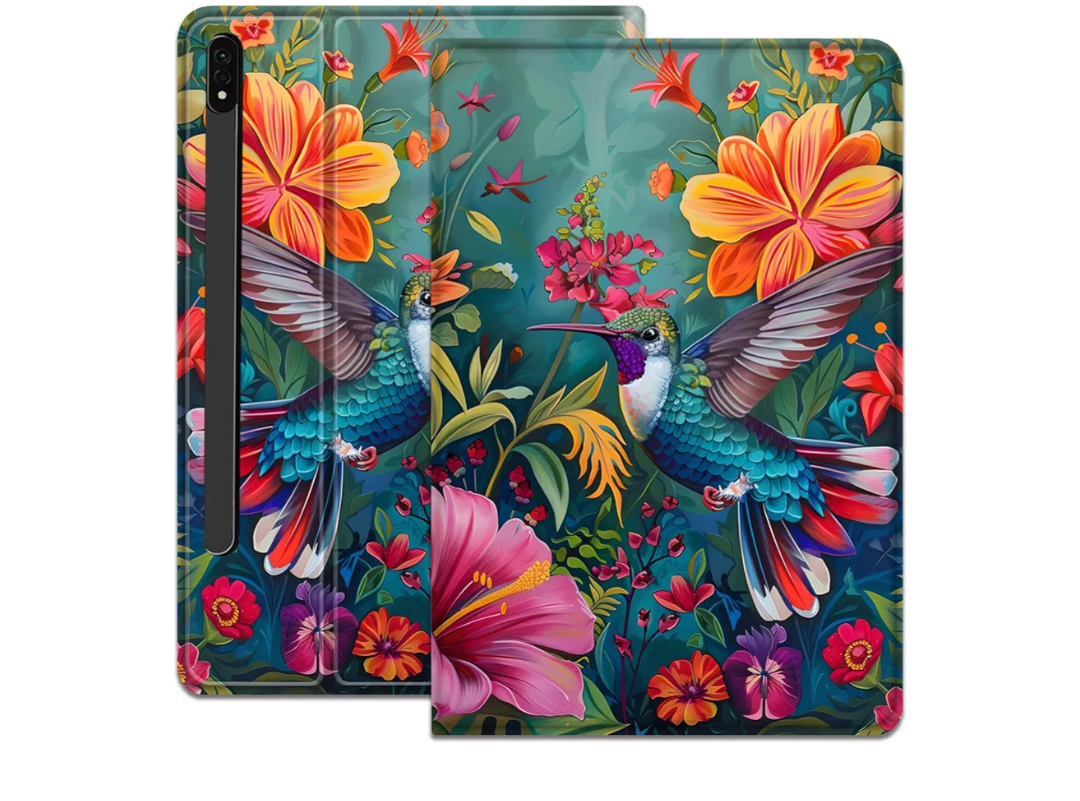 Case for Samsung Galaxy Tab S8 Plus 2022/S7 FE 2021/S7 Plus 2020 12.4 Inch, PU Leather Auto Sleep/Wake Cover for Galaxy Tab S8+ 2022/S7 FE 2021/S7 Plus 2020, Flowers and Hummingbirds