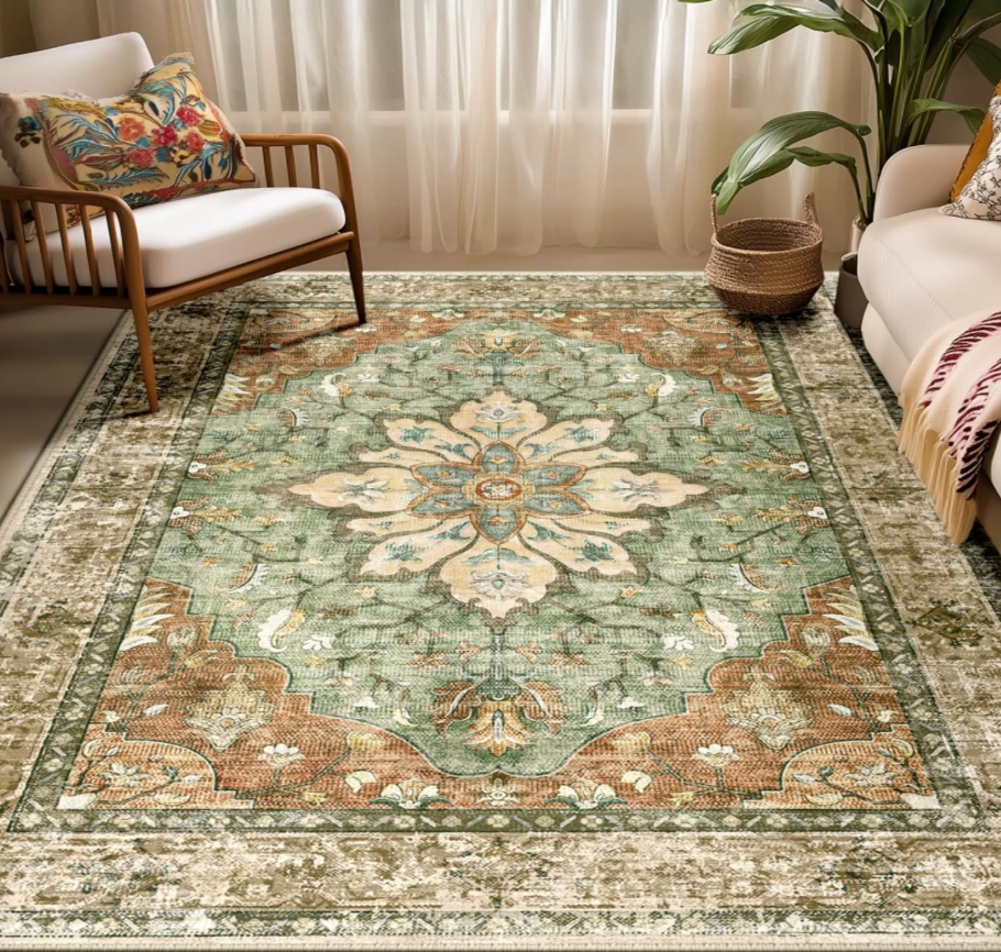 RELEANY Area Rugs 5'x7' Washable Non-Slip, Floral Vintage Distress Print Pattern Medallion Carpet for Living Room Bedroom Dining Room, Brick Red Rust Neutral Brown Burnt Orange Green