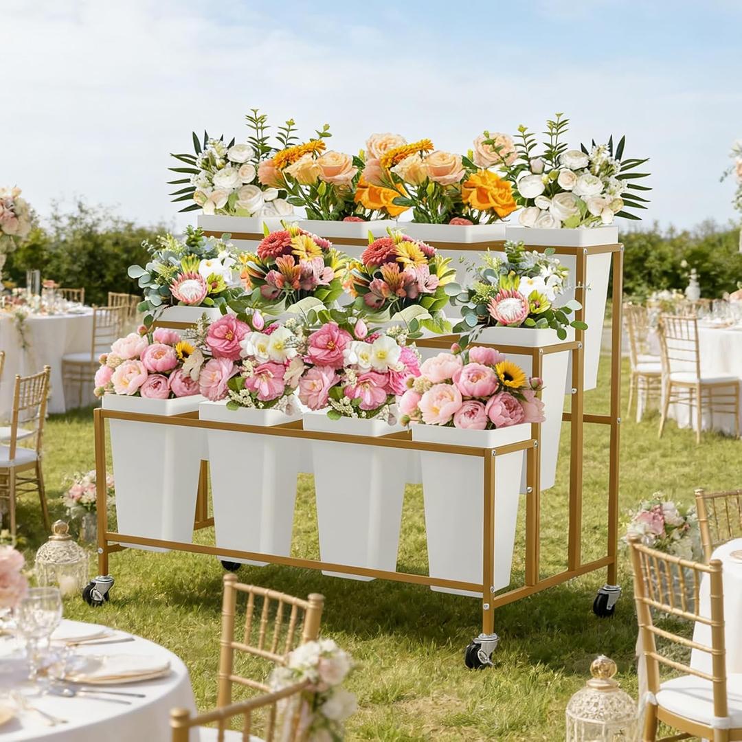 3-Tier Metal Flower Display Stand with 12 Square Plastic Buckets and Wheels,Flower Display Cart for Indoor and Outdoor Use, Gold
