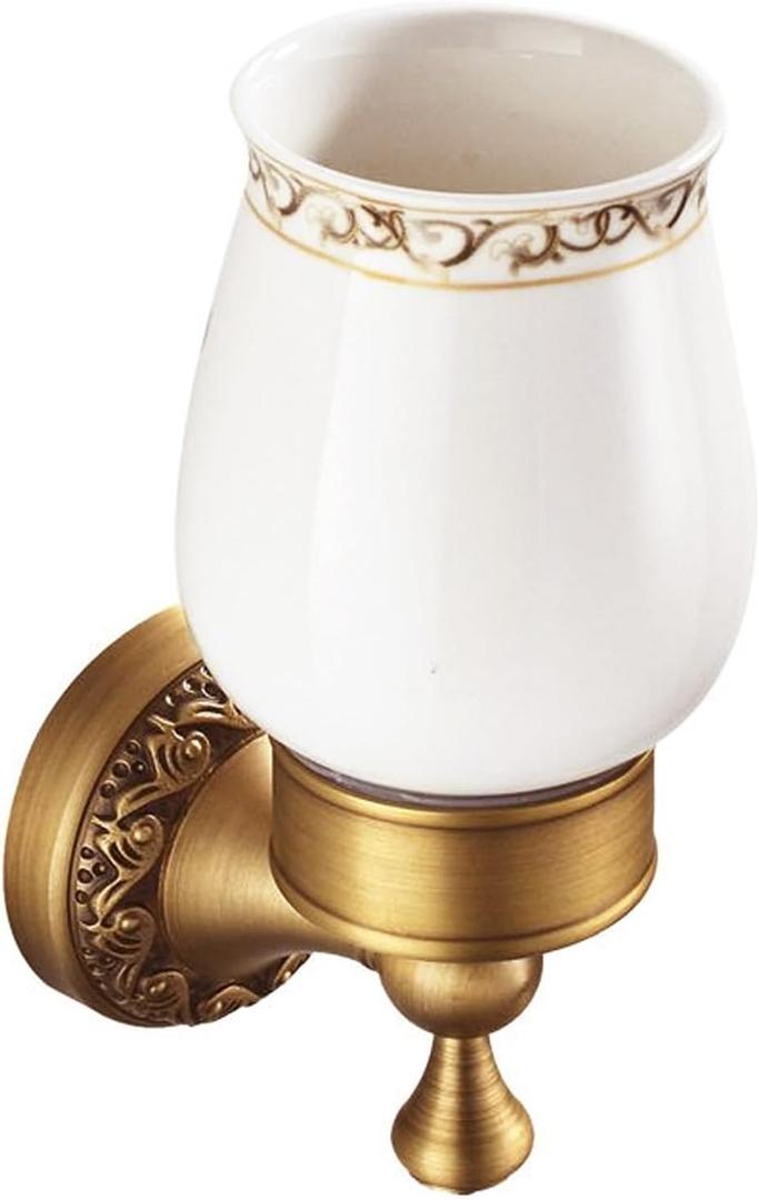 Wall Mounted Bathroom Tooth Brushed Cup Holder, Antique Brass Pattern Carving,Brushed Bronze