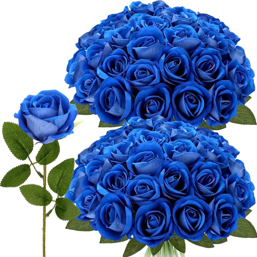 MERIXMAS Roses Artificial Flowers, Fake Velvet Silk Roses with Stems for Indoor Outdoor Decor, Realistic Roses in Bulk for Wedding Centerpiece Party, Valentines Birthday (24,Blue)
