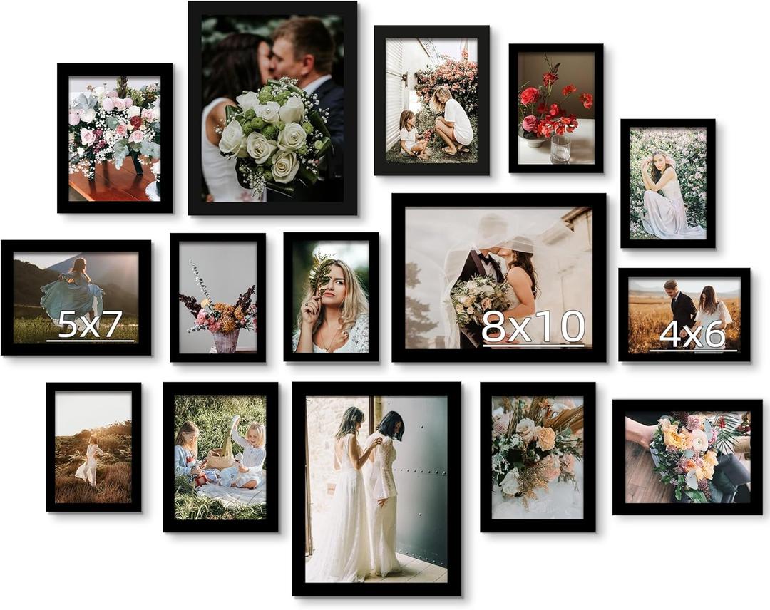 BESCRCL 15 Pack Real Glass Picture Frames Collage Wall Decor, Including 3pcs 8x10, 6pcs 5x7, 6pcs 4x6 Photo Frames for Gallery Wall or Tabletop Display, Black