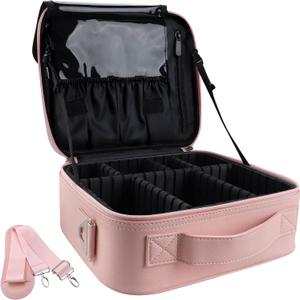 Travel Makeup Bag Organizer, 10.2 Inches Portable Makeup Train Case Cosmetic Brush Artist Storage Bag with Adjustable Dividers and Shoulder Strap (Pink) (Pink D)