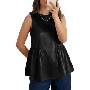 Tankaneo Womens Silk Satin Tank Tops Summer Dressy Casual Babydoll Sleeveless Shirts Peplum Pleated Loose Fit Blouses (Black, L)