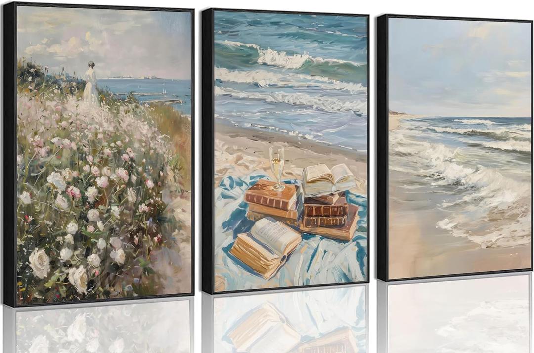3Pcs Vintage Summer Ocean Beach Canvas Wall Art Retro Pastel Beach Book Coastal Wildflower Landscape Painting Wall Decor Trendy Preppy Print Artwork for Living Room Dorm Home Decoration Unframed