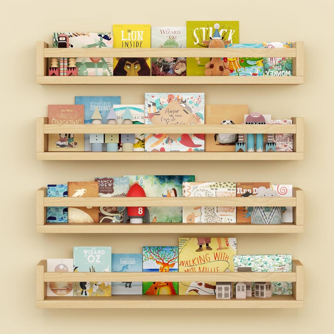 Set of 4 Wall-Mounted Kid's Bookshelf - Wood Floating Nursery Book Shelves - Durable Wood Construction - Ideal for Nursery Decor, Kids Room, Toy Storage (23 Inches, Wood)