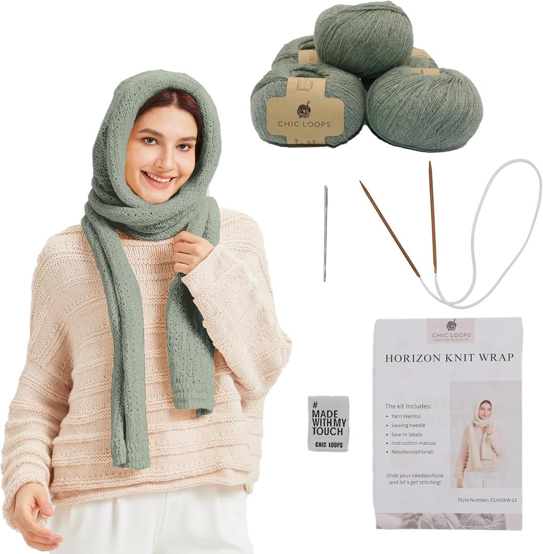 Chic Loops Knitting Kit for Beginners, Knitted Knit Wrap Beginner Crochet Kit for Adults, Crochet Warm Knit Wraps Long Scarf for Women Keeping Warm with Instruction(Matcha)