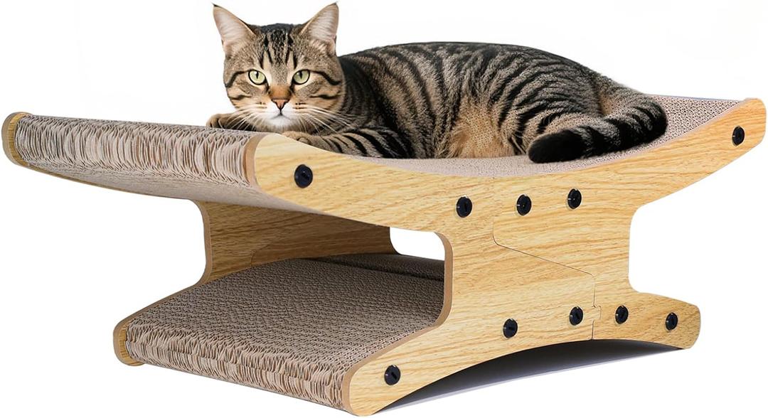 Reversible Cat Scratcher Bed, Large Scratching Board for Indoor Cats - Cardboard Pad & Durable Cat Scratcher Lounge Hammock Furniture, Natural Wood Color