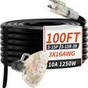 PlugSaf 100 FT 16/3 Gauge Outdoor Extension Cord with Multiple Outlets Light Indicator, Flexible 3 Outlet Weatherproof Extension Cord Waterproof Black, 10A 1250W 16AWG SJTW, ETL Listed
