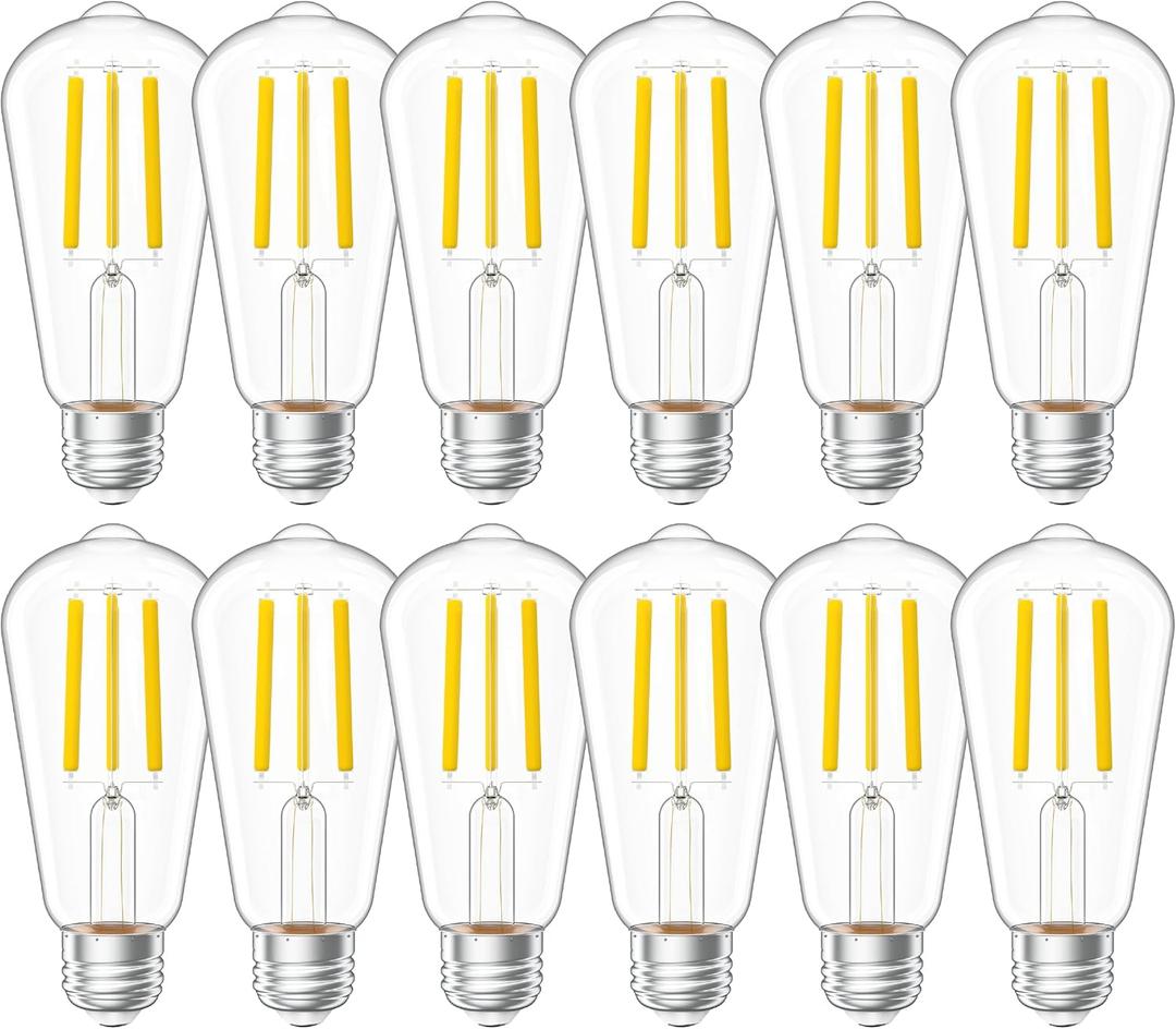 Sunco 12 Pack Vintage LED Edison Bulbs, 75W Equivalent 8.5W, 1000 LM Dimmable ST58 Filament 3000K Warm White, E26 Medium Base, Clear Glass Light Bulbs