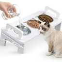 Bamboo Elevated Cat Bowls, 3 Stainless Steel Raised Cat Bowl with Stand, 15°Tilted Cat Feeding Station, Cat Food and Water Bowl Set for Small Cats, Anti Vomitting, Whisker Fatigue (Natural) (White)