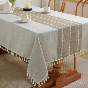Alsoo Table Cloth Rectangle Table Rustic Waterproof Tablecloth Cotton Linen Wrinkle Free Spring Tables Cover for Parties, Kitchen Dining, Holiday, Outdoor (Coffee Lines, 4-6 Seats, 55x75 Inches)