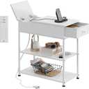 WLIVE Narrow Side Table with Charging Station, Couch Side Table for Living Room, Narrow End Table for Bedroom with Fabric Drawer, USB Ports and Power Outlets, 11.8‘’W 23.6‘’L 24‘’H, White