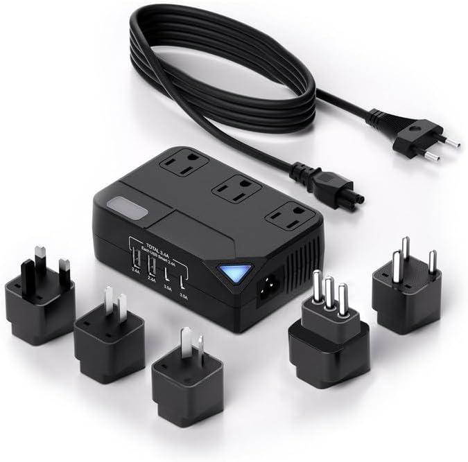 Universal 100V-220V Travel Converter250W Voltage Converter with 2 USB and 2 USB-C Charging Ports and 3 AC Plugs for curlers, straighteners, Included Plugs are Type A, C, D, G, I, L