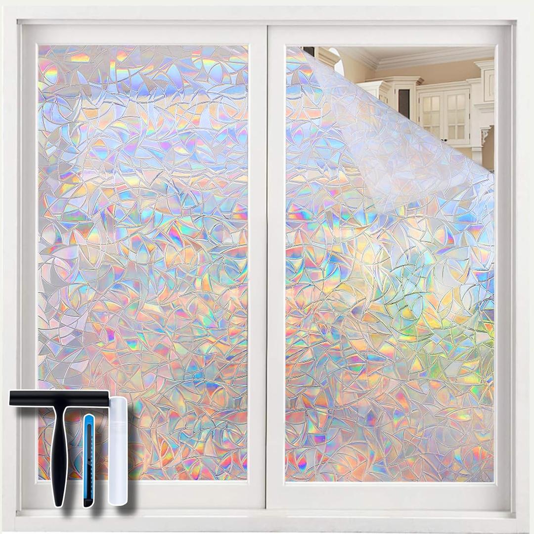 Volcanics Window Privacy Film with Installation Tools, Static Window Clings Vinyl 3D Window Decals Stickers Rainbow Window Film for Glass Door Heat Control Anti UV 35.4 x 98.4 Inches