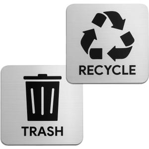 Sutter Signs Trash and Recycle Signs | Large Silver Metal Finish Plastic Plaques with Strong Adhesive Sticker Backing for Kitchen Garbage Cans & Recycling Bins, 5.5" x 5.5"