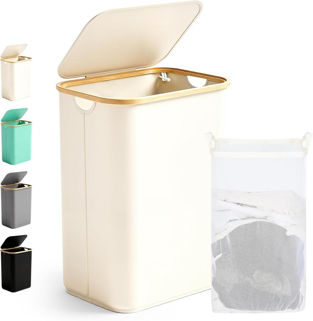 Laundry Basket 85 Litres, Foldable Laundry Hamper with Lid and Removable Laundry Bag, Laundry Bin Narrow for Laundry Room, Bathroom, Bedroom, Cream