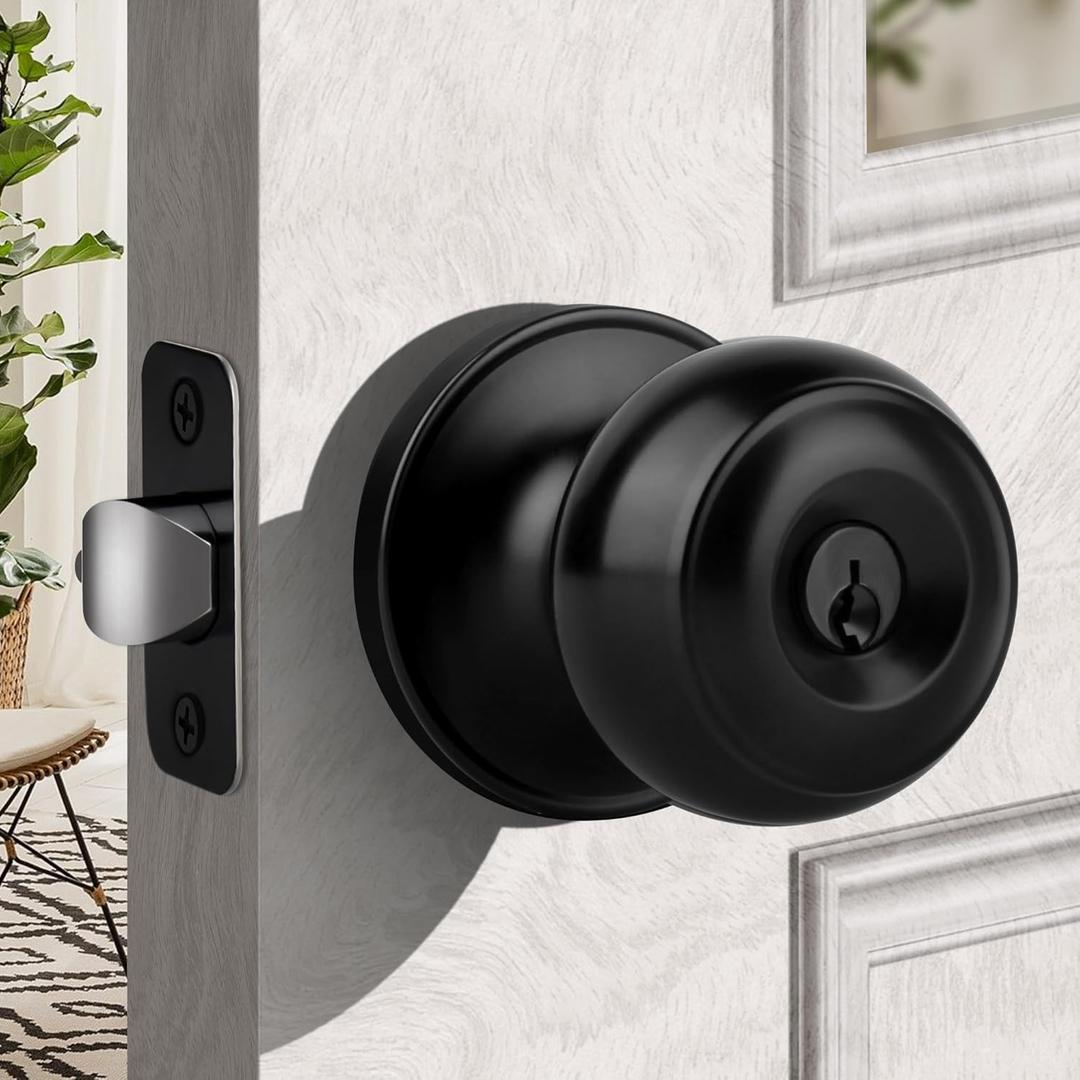 Moquin Flat Ball Entry Door Knob with Keys, Round Interior Door Knob in Matte Black Finish, Keyed Doorknob Lock for Front Entrance (1 Pack)
