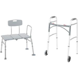 Drive Medical 12011KD-1 Tub Transfer Bench for Bathtub, Height Adjustable Shower Bench & 10210-1 2-Button Folding Walker with Wheels, Rolling Walker, Front Wheel Walker