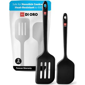 DI ORO Silicone Turner Spatula Set - Kitchen Spatulas for Nonstick Cookware - Cooking Utensils for Flipping Eggs & Pancakes - 600F Heat-Resistant BPA Free Turners - Dishwasher Safe (2pc, Black)