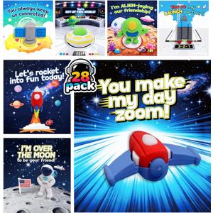 Swooflia 28 Pack Space Erasers Valentines Day Cards for Kids School Classroom Gifts-Mini Outersapce Items, Valentine Exchange Stationery Gift Set for Kindergarten, 1st Grade Class (Blue)