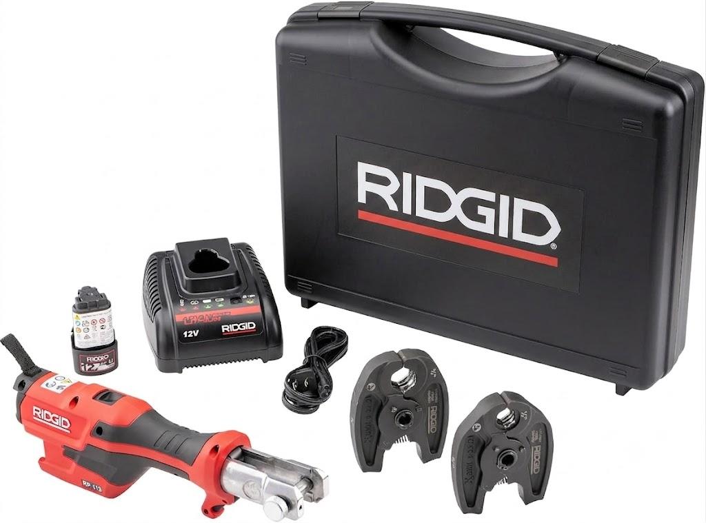RIDGID 72553 Model RP 115 Mini Press Tool and Battery Kit with 1/2" to 3/4" ProPress Press Tool Jaws, 2V Li/Ion Battery, 12V Charger, and Carrying Case , Red