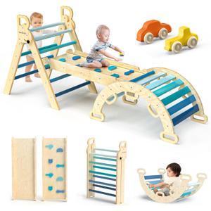 BlueWood Pikler Triangle Set 7in1 Foldable Baby Climbing Toys Wooden Montessori Climbing Set with Arch&Ramp&Ladder Baby Climber Indoor Jungle Gyms for Toddlers Montessori Toys - Sky Blue