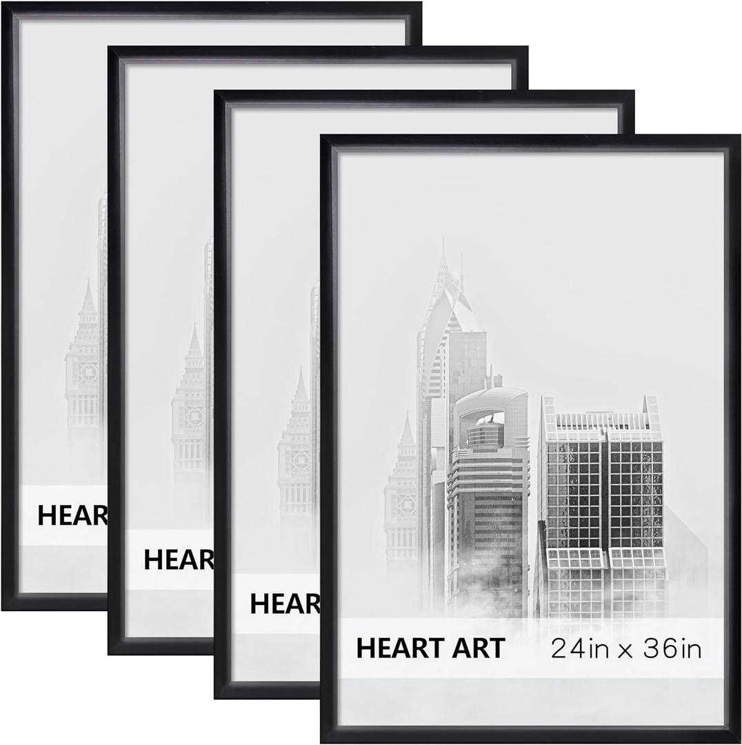 HEART ART 24 x 36 Poster Frame 4 Pack,24x36 Frame without Mat for Horizontal or Vertical Wall Mounting,Black
