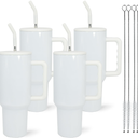 FECBK 40 oz Sublimation Tumbler with Handle and Straw Keeps Cold for 34 Hours Leakproof Double Wall Vacuum Insulated Travel Mug 40 oz Stainless Steel Cup Tumblers Bulk Sublimation Blank White 4 Pack