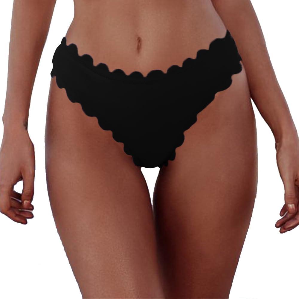 HYTENSUN Women's Bikini Bottoms Sexy Scallop Cheeky Solid Swimsuit Bottom (Medium, 884 Black)
